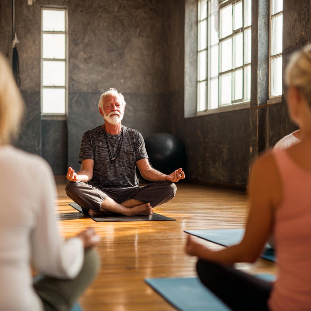 Experienced yoga instructor guiding mature students in peaceful studio