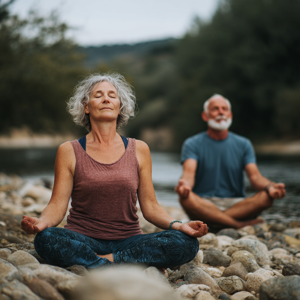 Peaceful yoga practice with mature adults in natural setting
